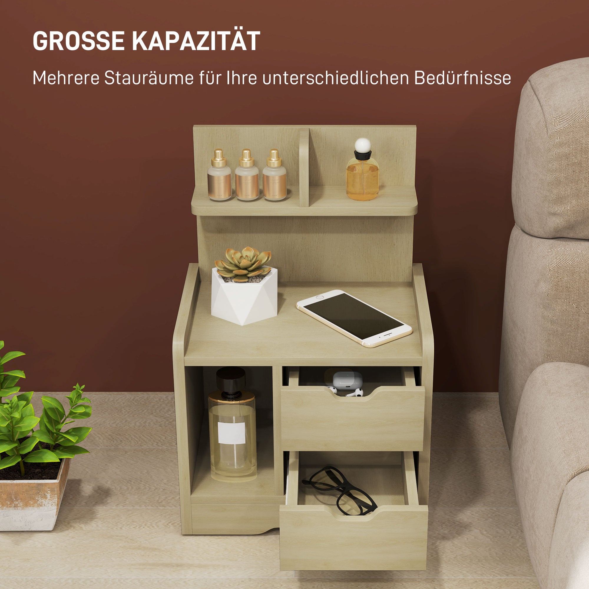 Nightstand, Side Table with 2 Drawers, Open Compartment, Bedside Table, Bedside Cabinet for Bedroom, Living Room, Natural Wood, 40 x 30 x 60 cm