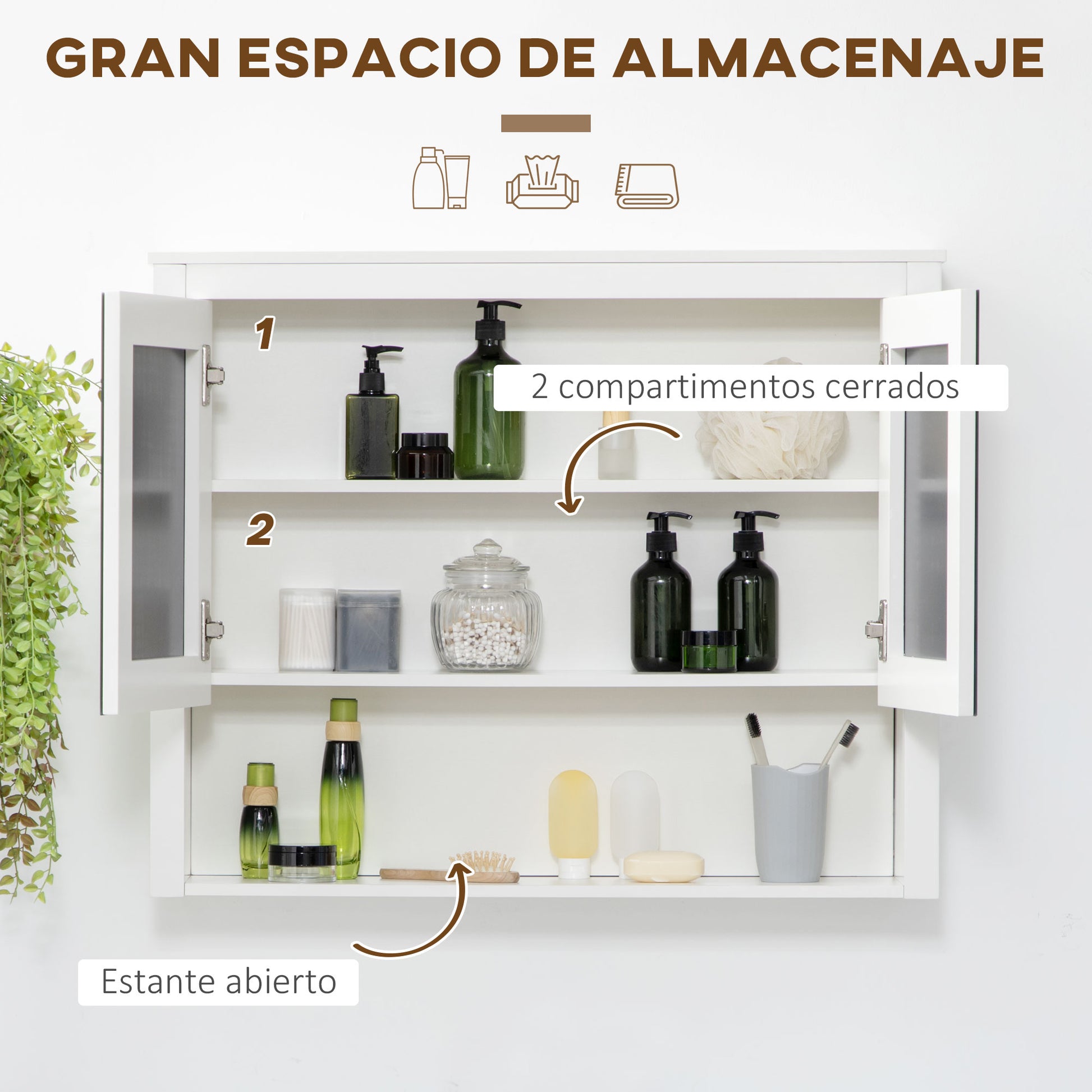 Wall-Mounted Bathroom Cabinet with Mirror Hanging Bathroom Cabinet with 2 Glass Doors and Storage Shelf 80x20x65 cm White