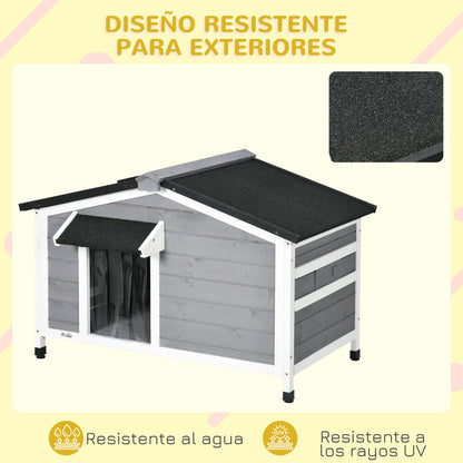 Outdoor Dog House for Small Dogs with Flip-Top Asphalt Roof, 2 Windows, Door with Curtain, and Removable Base 97x72x65 cm Gray