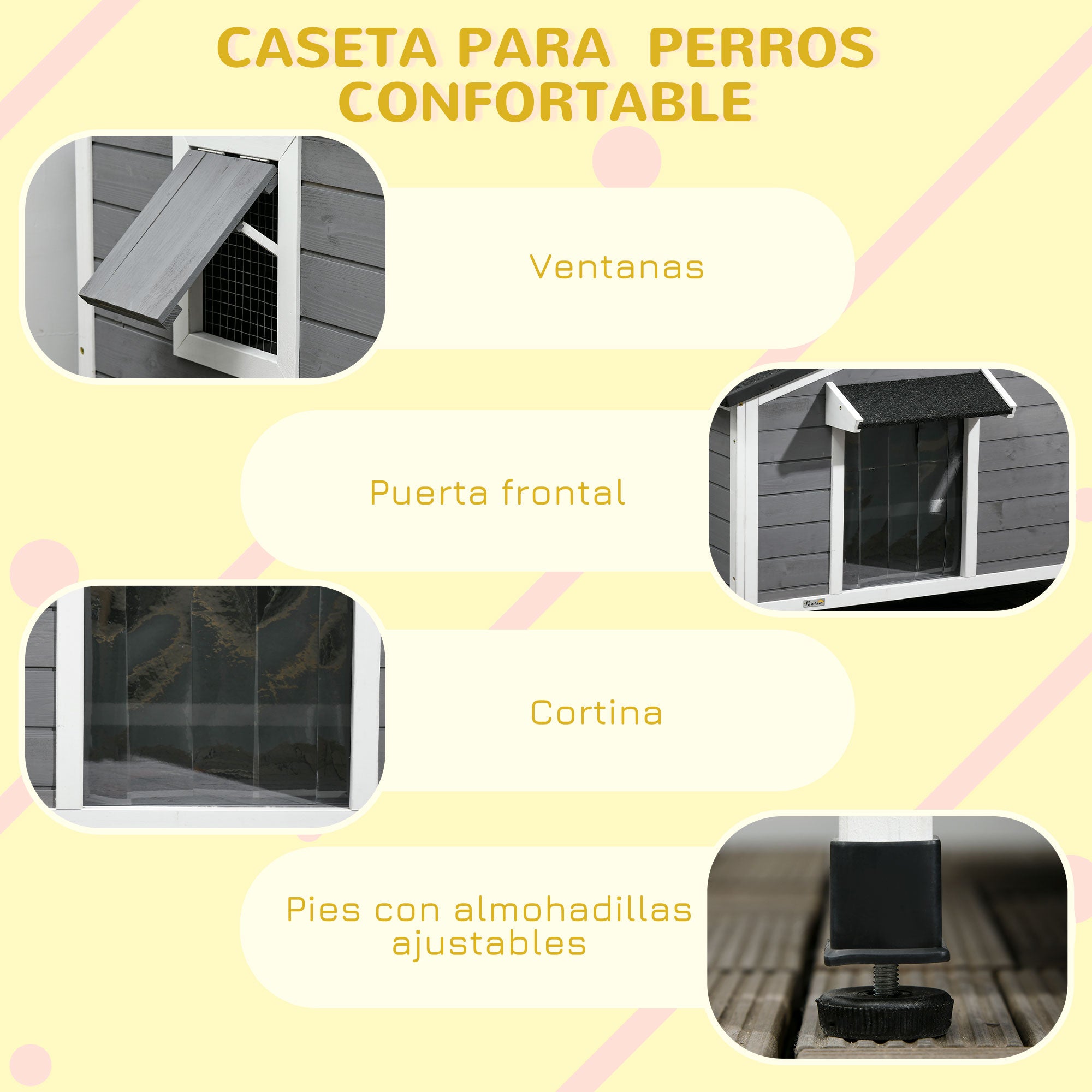 Outdoor Dog House for Small Dogs with Flip-Top Asphalt Roof, 2 Windows, Door with Curtain, and Removable Base 97x72x65 cm Gray