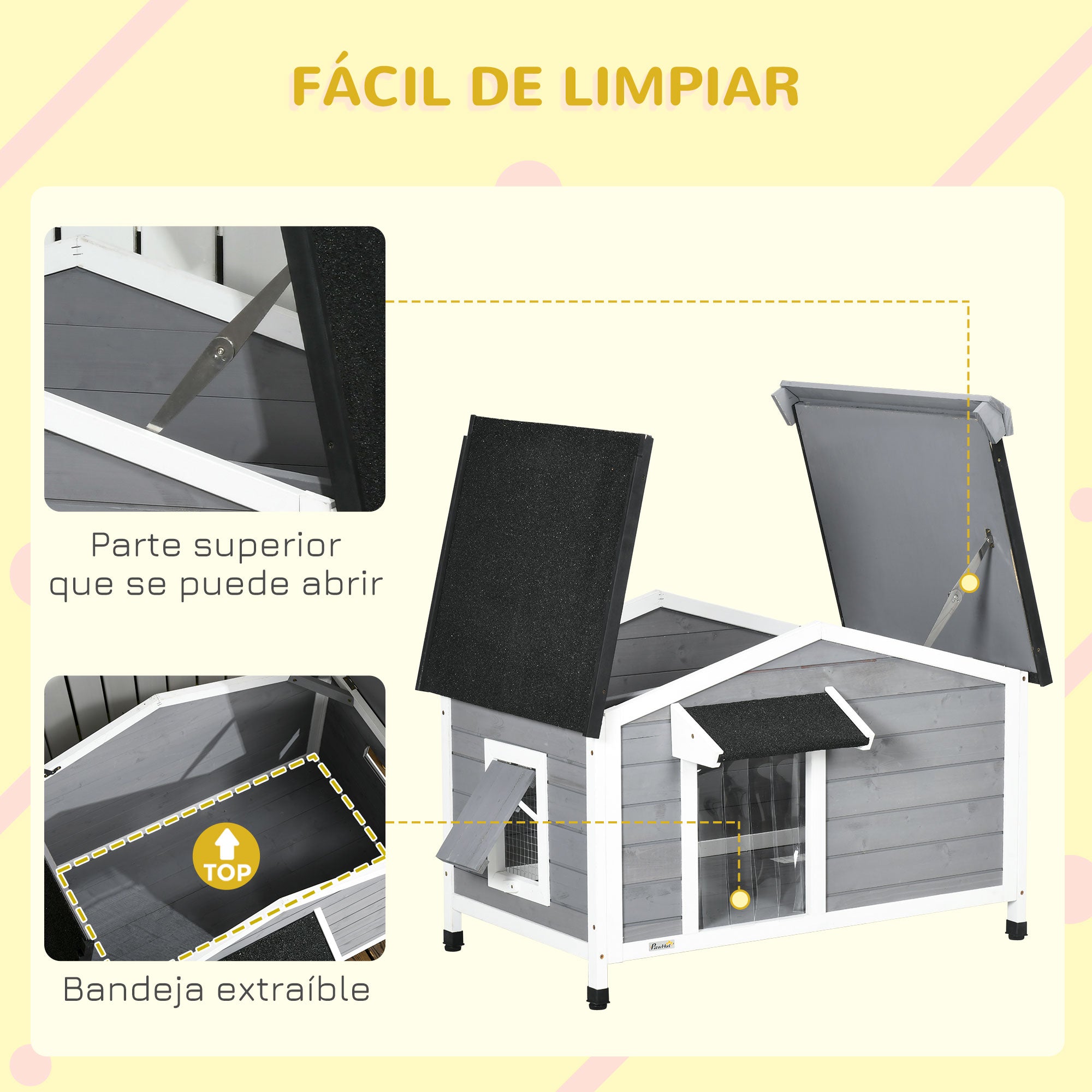 Outdoor Dog House for Small Dogs with Flip-Top Asphalt Roof, 2 Windows, Door with Curtain, and Removable Base 97x72x65 cm Gray