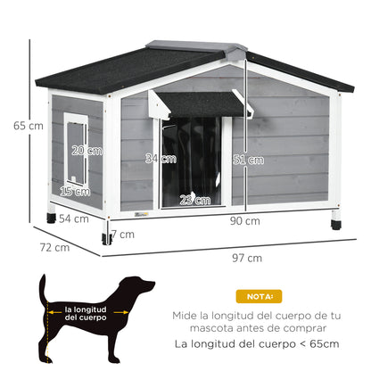 Outdoor Dog House for Small Dogs with Flip-Top Asphalt Roof, 2 Windows, Door with Curtain, and Removable Base 97x72x65 cm Gray