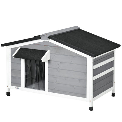 Outdoor Dog House for Small Dogs with Flip-Top Asphalt Roof, 2 Windows, Door with Curtain, and Removable Base 97x72x65 cm Gray