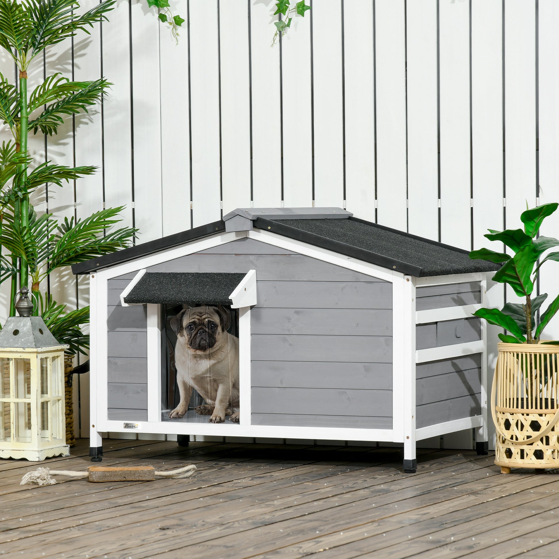 Outdoor Dog House for Small Dogs with Flip-Top Asphalt Roof, 2 Windows, Door with Curtain, and Removable Base 97x72x65 cm Gray