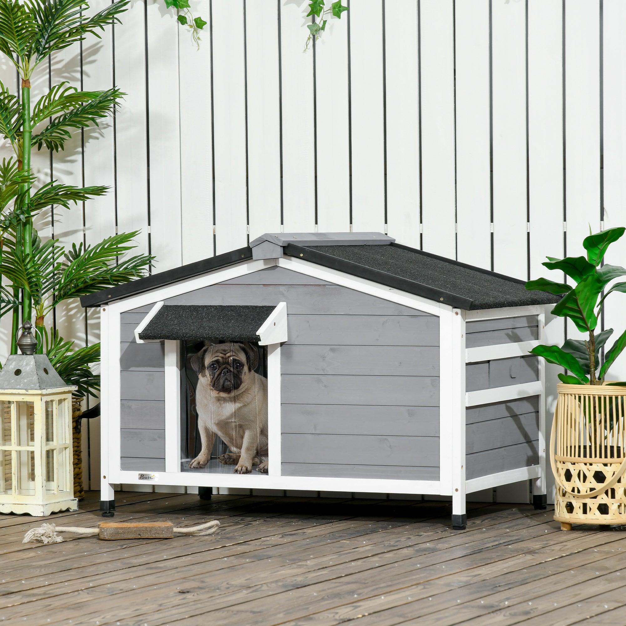 Outdoor Dog House for Small Dogs with Flip-Top Asphalt Roof, 2 Windows, Door with Curtain, and Removable Base 97x72x65 cm Gray