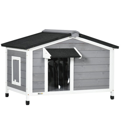 Outdoor Dog House for Small Dogs with Flip-Top Asphalt Roof, 2 Windows, Door with Curtain, and Removable Base 97x72x65 cm Gray