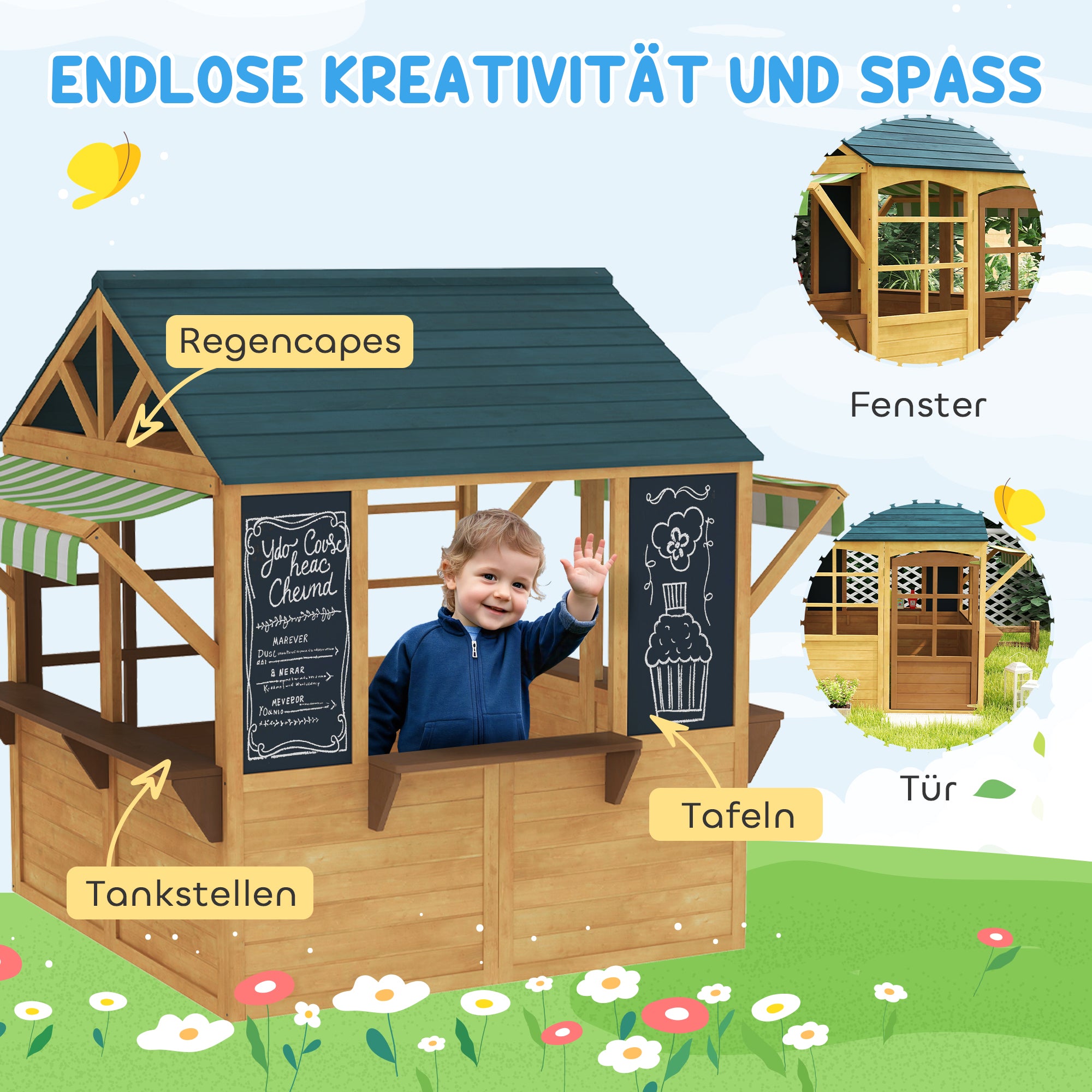 Wooden Foldable Playhouse for Kids Outdoor with Windows, Door, Window Sill, Rain Caps, Children's House, Garden House for Children 3-8 Years