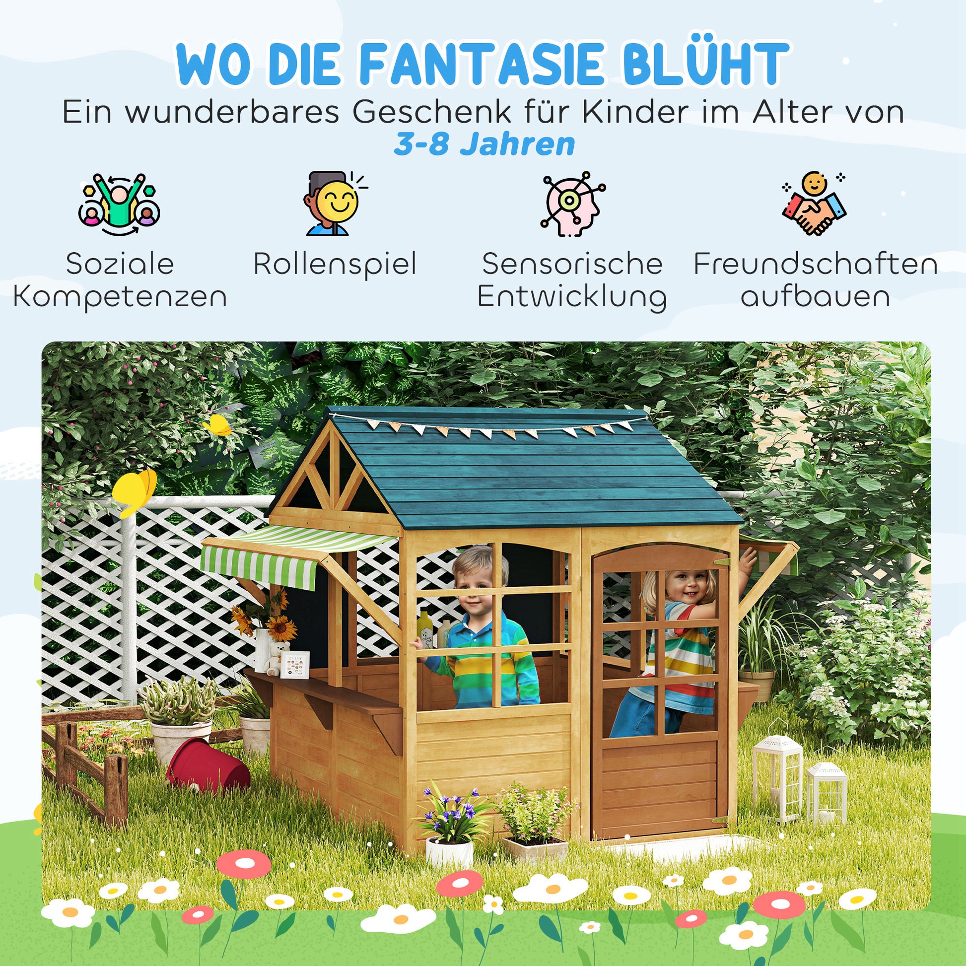 Wooden Foldable Playhouse for Kids Outdoor with Windows, Door, Window Sill, Rain Caps, Children's House, Garden House for Children 3-8 Years