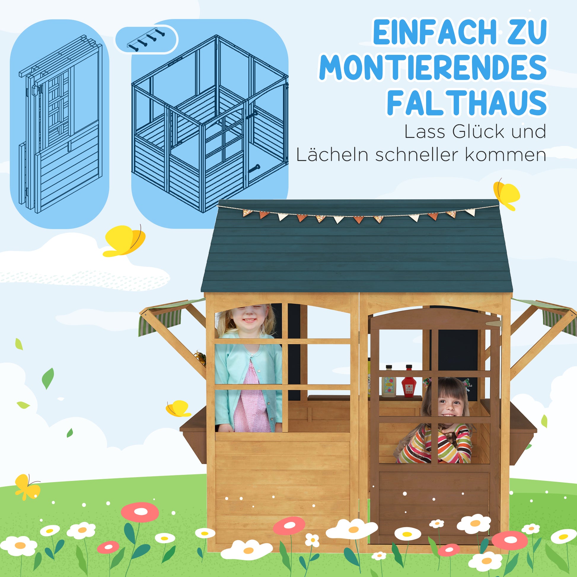 Wooden Foldable Playhouse for Kids Outdoor with Windows, Door, Window Sill, Rain Caps, Children's House, Garden House for Children 3-8 Years