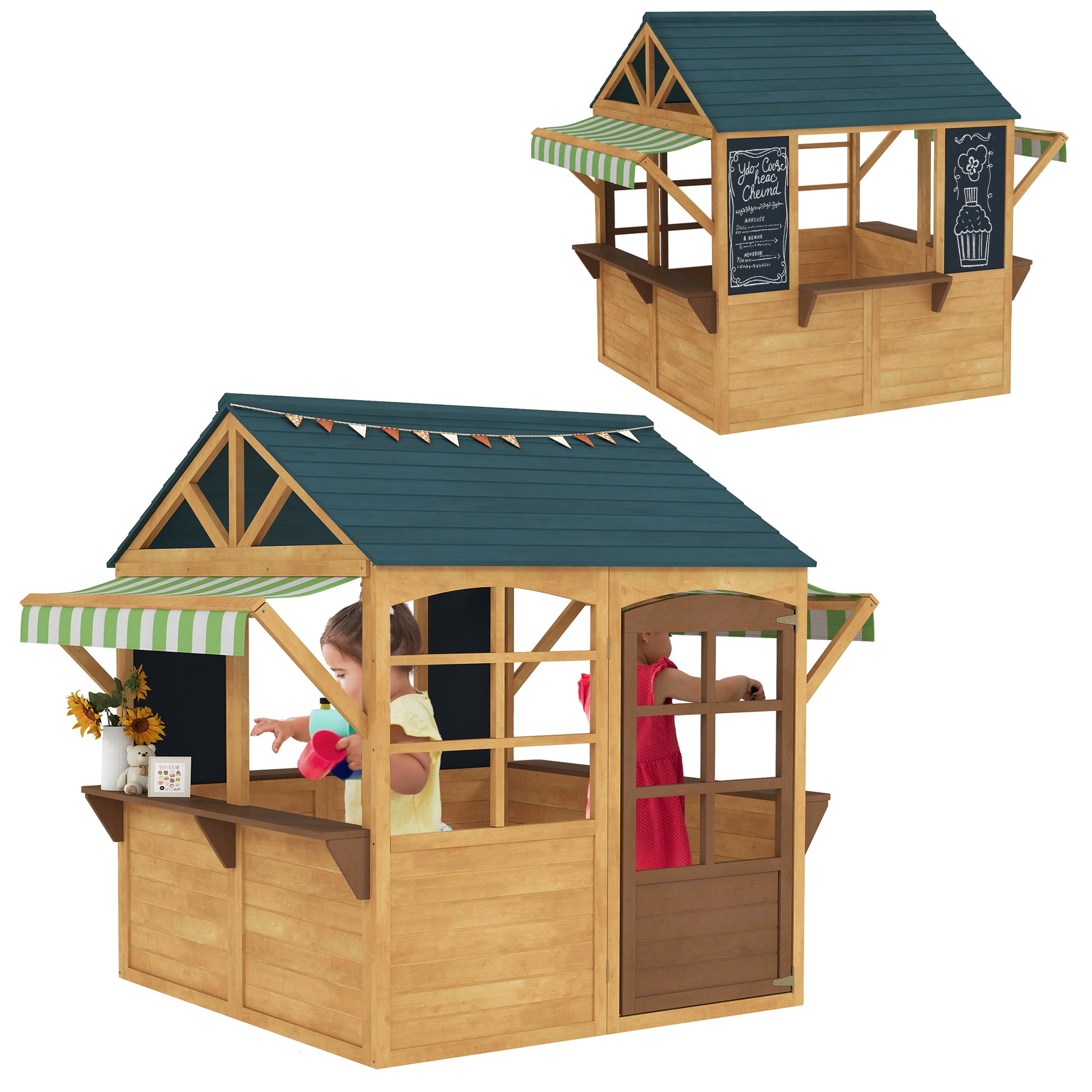 Wooden Foldable Playhouse for Kids Outdoor with Windows, Door, Window Sill, Rain Caps, Children's House, Garden House for Children 3-8 Years