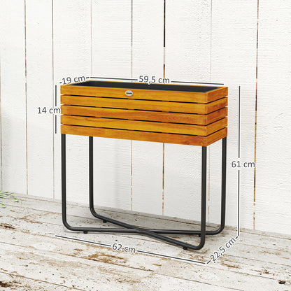 Rectangular Raised Flower Pot Stand with Drainage Holes for Indoor and Outdoor Use, for Balcony Garden, made of Acacia Wood and Steel, 62 x 22.5 x 61 cm, Natural Wood Effect