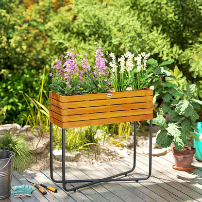 Rectangular Raised Flower Pot Stand with Drainage Holes for Indoor and Outdoor Use, for Balcony Garden, made of Acacia Wood and Steel, 62 x 22.5 x 61 cm, Natural Wood Effect