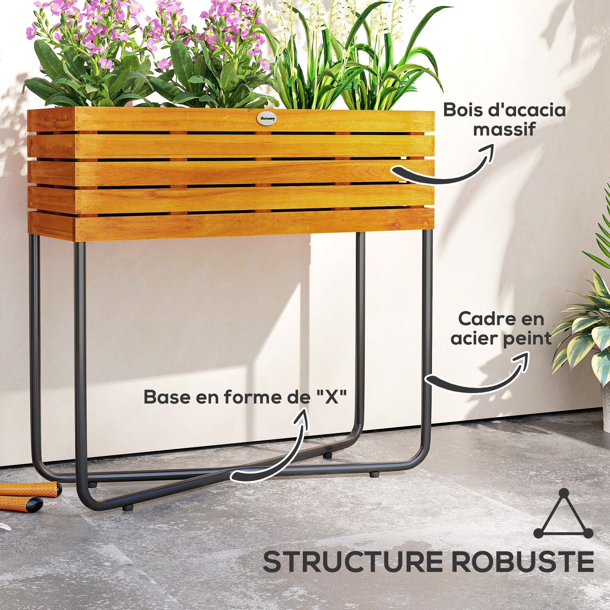 Rectangular Raised Flower Pot Stand with Drainage Holes for Indoor and Outdoor Use, for Balcony Garden, made of Acacia Wood and Steel, 62 x 22.5 x 61 cm, Natural Wood Effect