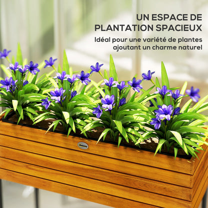 Rectangular Raised Flower Pot Stand with Drainage Holes for Indoor and Outdoor Use, for Balcony Garden, made of Acacia Wood and Steel, 62 x 22.5 x 61 cm, Natural Wood Effect