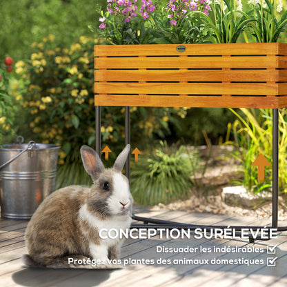 Rectangular Raised Flower Pot Stand with Drainage Holes for Indoor and Outdoor Use, for Balcony Garden, made of Acacia Wood and Steel, 62 x 22.5 x 61 cm, Natural Wood Effect