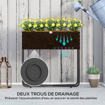 Rectangular Raised Flower Pot Stand with Drainage Holes for Indoor and Outdoor Use, for Balcony Garden, made of Acacia Wood and Steel, 62 x 22.5 x 61 cm, Natural Wood Effect