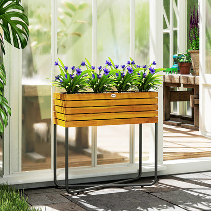 Rectangular Raised Flower Pot Stand with Drainage Holes for Indoor and Outdoor Use, for Balcony Garden, made of Acacia Wood and Steel, 62 x 22.5 x 61 cm, Natural Wood Effect