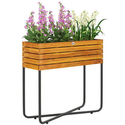 Rectangular Raised Flower Pot Stand with Drainage Holes for Indoor and Outdoor Use, for Balcony Garden, made of Acacia Wood and Steel, 62 x 22.5 x 61 cm, Natural Wood Effect
