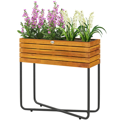 Rectangular Raised Flower Pot Stand with Drainage Holes for Indoor and Outdoor Use, for Balcony Garden, made of Acacia Wood and Steel, 62 x 22.5 x 61 cm, Natural Wood Effect