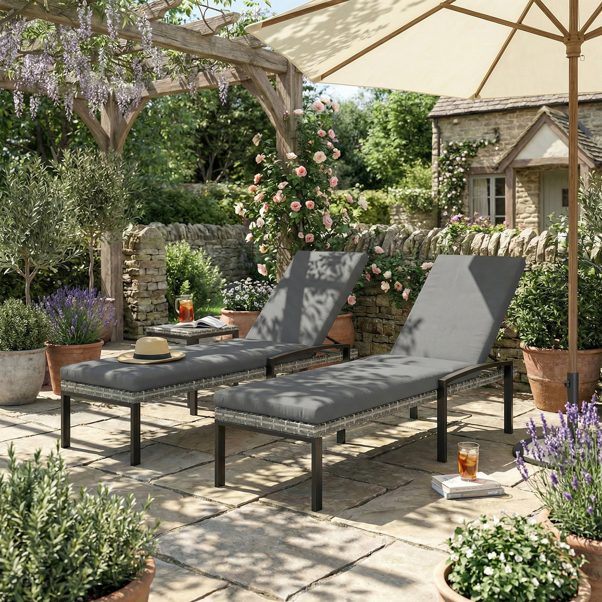 2-Pack Polyrattan Sun Lounger with 5-Position Adjustable Backrest, Removable Cushion, Weatherproof Outdoor Recliner — Up to 265 lb, Garden/Pool/Beach, Light Gray