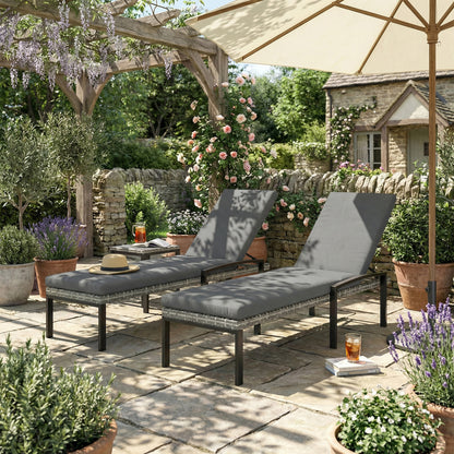 2-Pack Polyrattan Sun Lounger with 5-Position Adjustable Backrest, Removable Cushion, Weatherproof Outdoor Recliner — Up to 265 lb, Garden/Pool/Beach, Light Gray