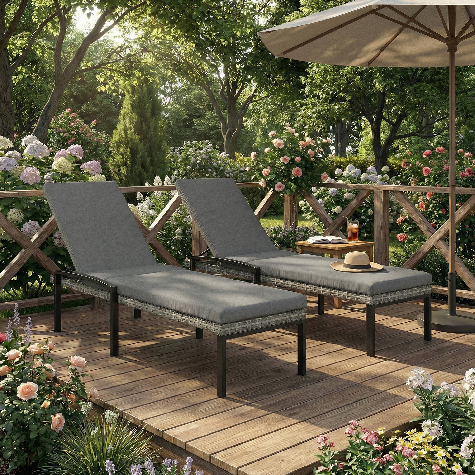 2-Pack Polyrattan Sun Lounger with 5-Position Adjustable Backrest, Removable Cushion, Weatherproof Outdoor Recliner — Up to 265 lb, Garden/Pool/Beach, Light Gray