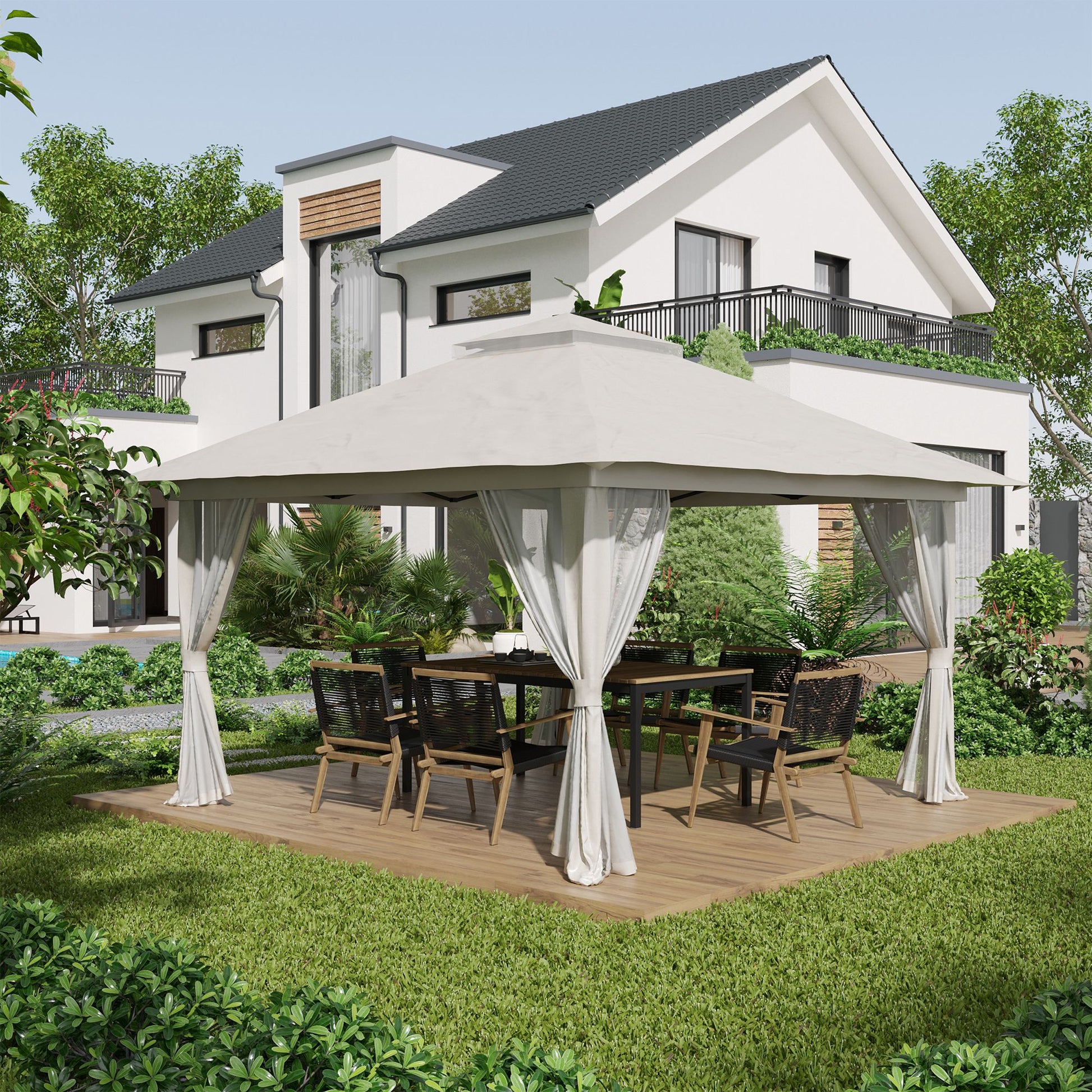 Pavilion 4x4m Stable Winterproof Pop-up Garden Gazebo with Double Roof, UV Protection 50+ Party Tent Garden Tent with 4 Side Walls Bag Sandbags for Camping Garden Festival, Cream White