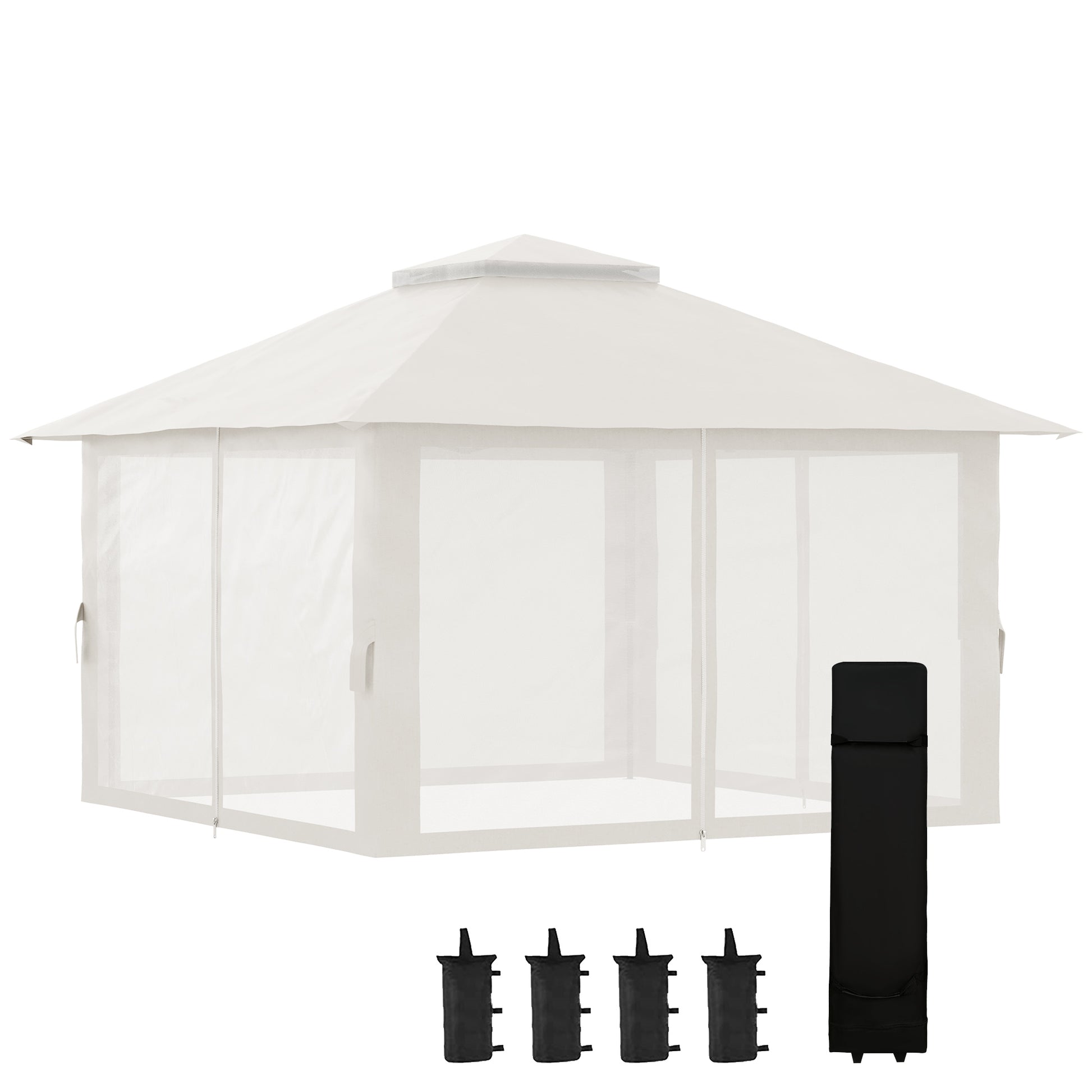 Pavilion 4x4m Stable Winterproof Pop-up Garden Gazebo with Double Roof, UV Protection 50+ Party Tent Garden Tent with 4 Side Walls Bag Sandbags for Camping Garden Festival, Cream White