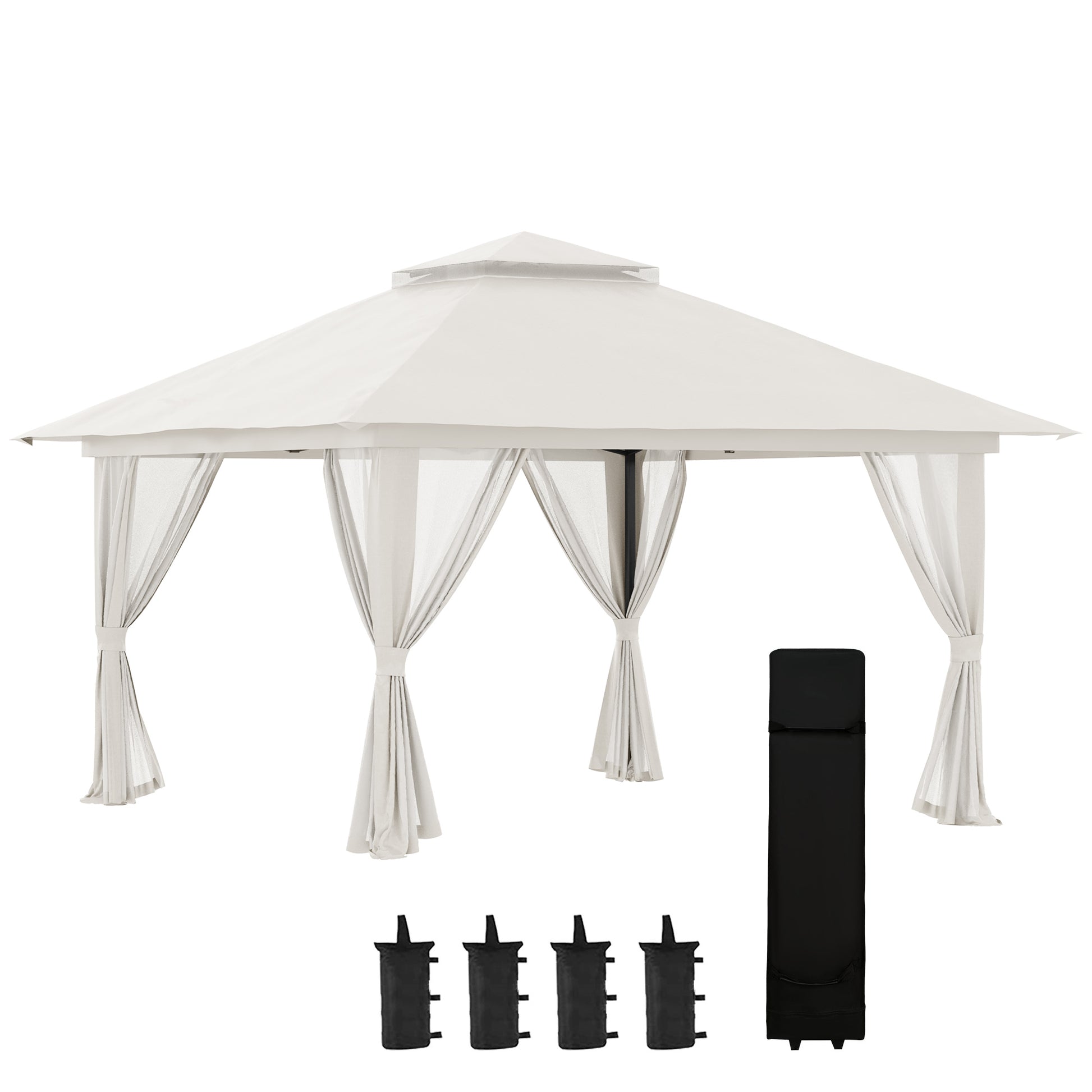 Pavilion 4x4m Stable Winterproof Pop-up Garden Gazebo with Double Roof, UV Protection 50+ Party Tent Garden Tent with 4 Side Walls Bag Sandbags for Camping Garden Festival, Cream White