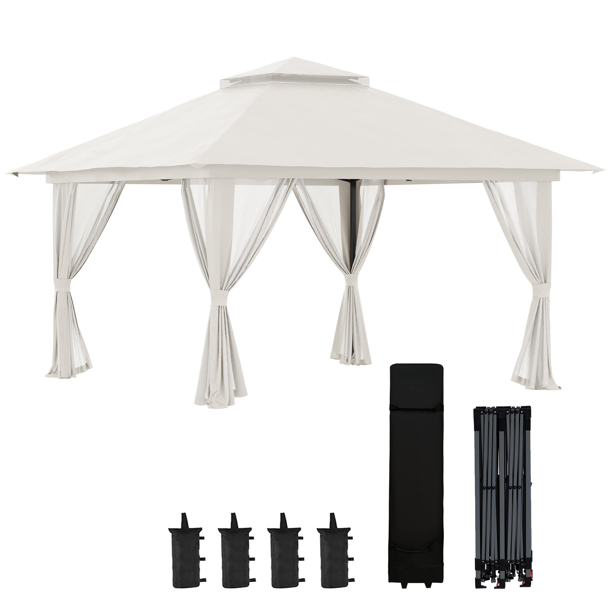 Pavilion 4x4m Stable Winterproof Pop-up Garden Gazebo with Double Roof, UV Protection 50+ Party Tent Garden Tent with 4 Side Walls Bag Sandbags for Camping Garden Festival, Cream White