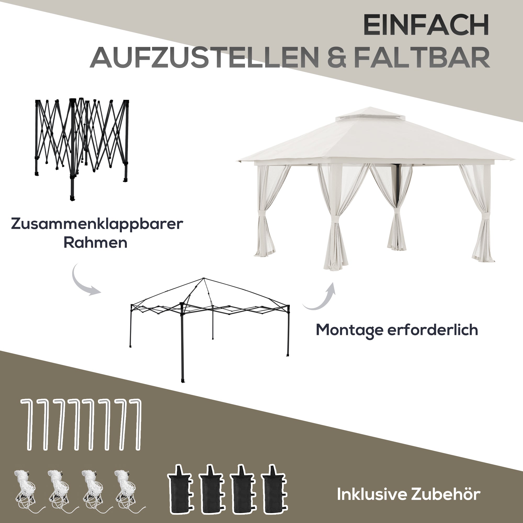 Pavilion 4x4m Stable Winterproof Pop-up Garden Gazebo with Double Roof, UV Protection 50+ Party Tent Garden Tent with 4 Side Walls Bag Sandbags for Camping Garden Festival, Cream White