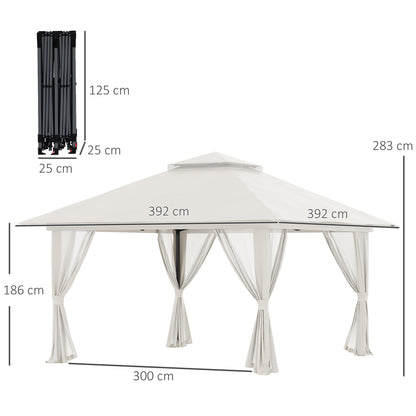 Pavilion 4x4m Stable Winterproof Pop-up Garden Gazebo with Double Roof, UV Protection 50+ Party Tent Garden Tent with 4 Side Walls Bag Sandbags for Camping Garden Festival, Cream White