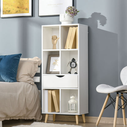 Bookcase Shelf for Books with 1 Drawer and Wooden Legs 6 Open Storage Compartments Plants Files for Living Room Bedroom Office 50x29.5x120 cm White