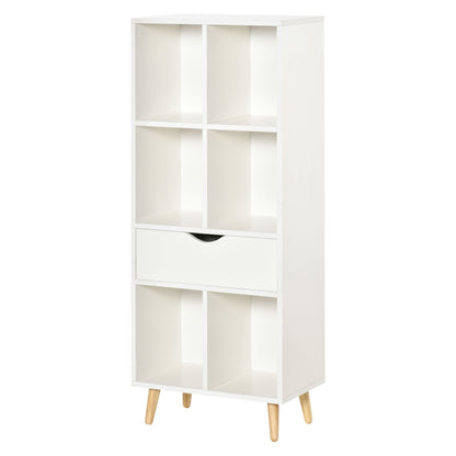 Bookcase Shelf for Books with 1 Drawer and Wooden Legs 6 Open Storage Compartments Plants Files for Living Room Bedroom Office 50x29.5x120 cm White