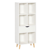 Bookcase Shelf for Books with 1 Drawer and Wooden Legs 6 Open Storage Compartments Plants Files for Living Room Bedroom Office 50x29.5x120 cm White