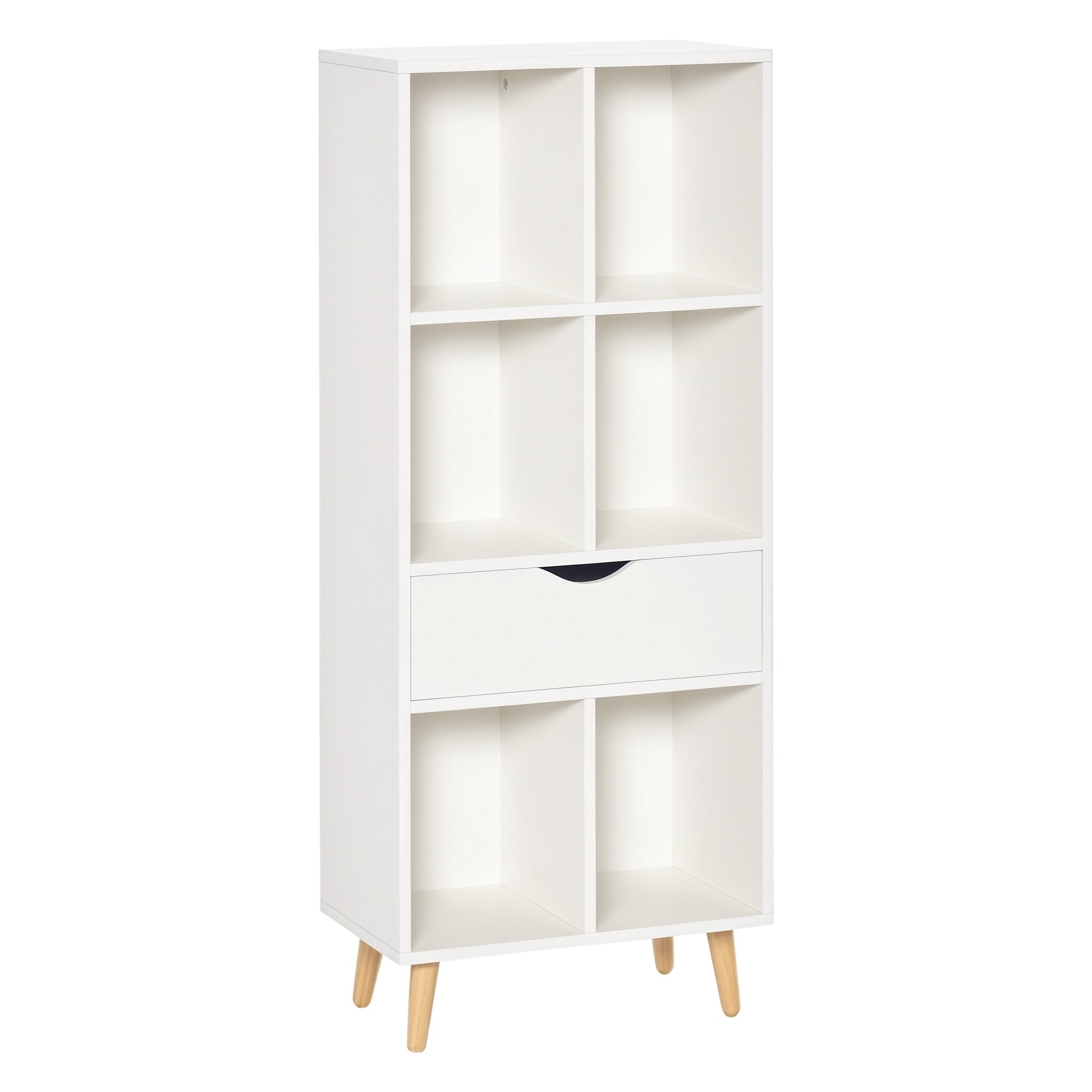 Bookcase Shelf for Books with 1 Drawer and Wooden Legs 6 Open Storage Compartments Plants Files for Living Room Bedroom Office 50x29.5x120 cm White