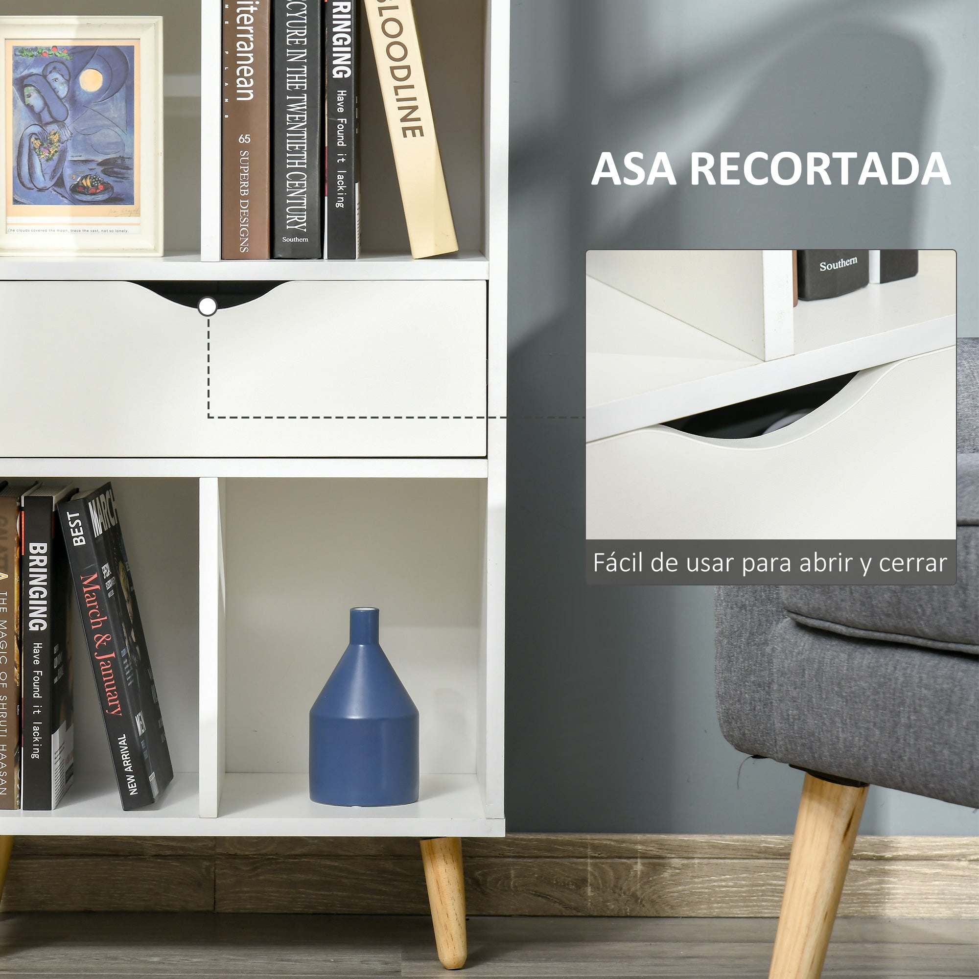Bookcase Shelf for Books with 1 Drawer and Wooden Legs 6 Open Storage Compartments Plants Files for Living Room Bedroom Office 50x29.5x120 cm White