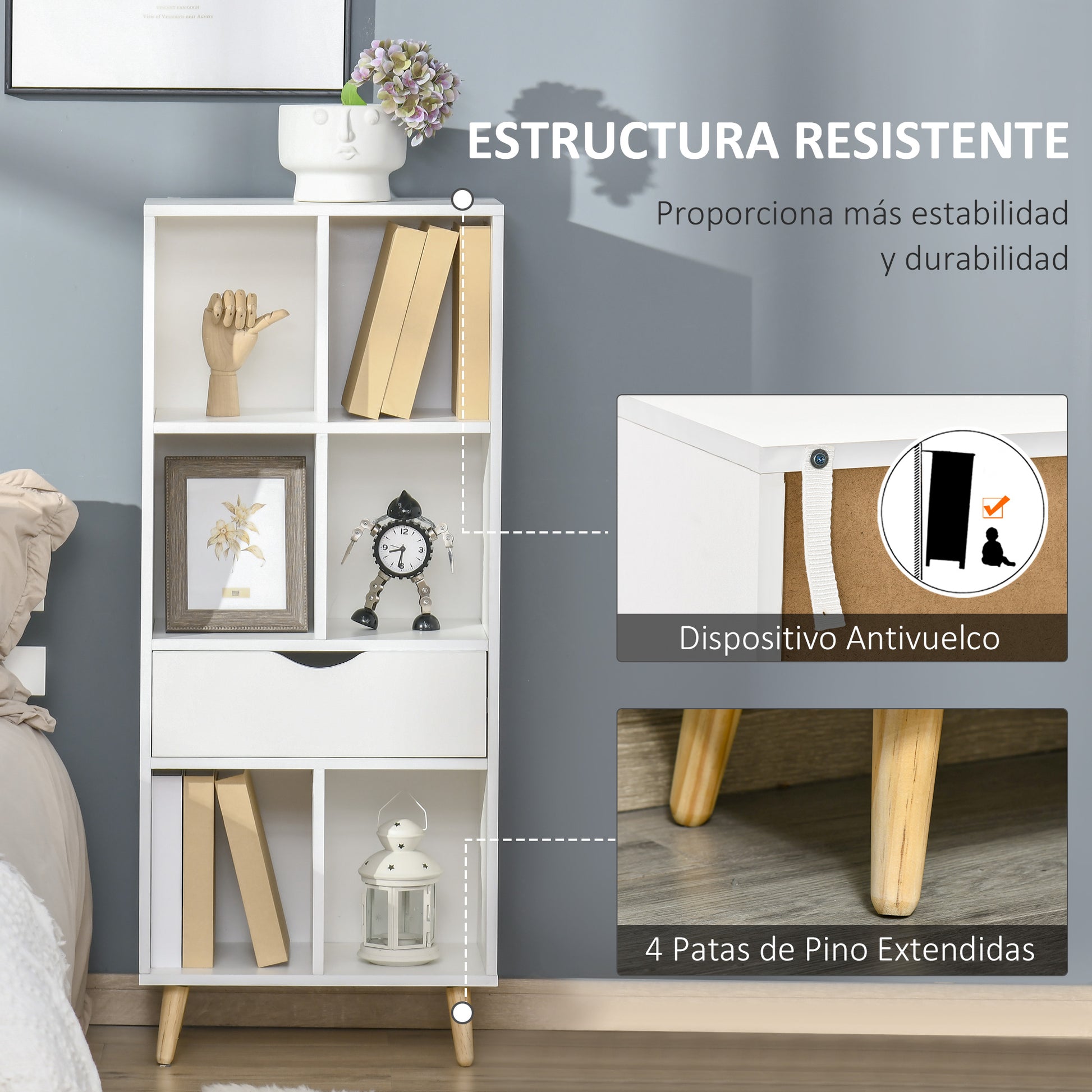 Bookcase Shelf for Books with 1 Drawer and Wooden Legs 6 Open Storage Compartments Plants Files for Living Room Bedroom Office 50x29.5x120 cm White