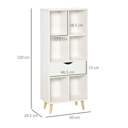 Bookcase Shelf for Books with 1 Drawer and Wooden Legs 6 Open Storage Compartments Plants Files for Living Room Bedroom Office 50x29.5x120 cm White