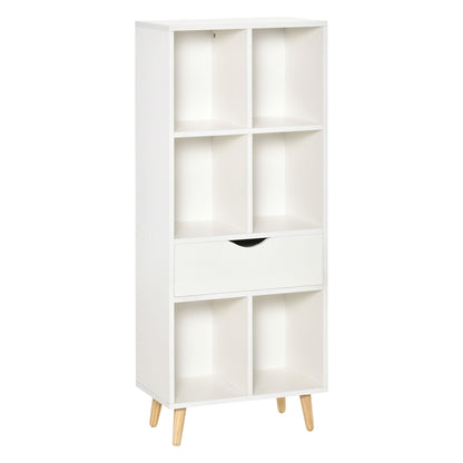 Bookcase Shelf for Books with 1 Drawer and Wooden Legs 6 Open Storage Compartments Plants Files for Living Room Bedroom Office 50x29.5x120 cm White