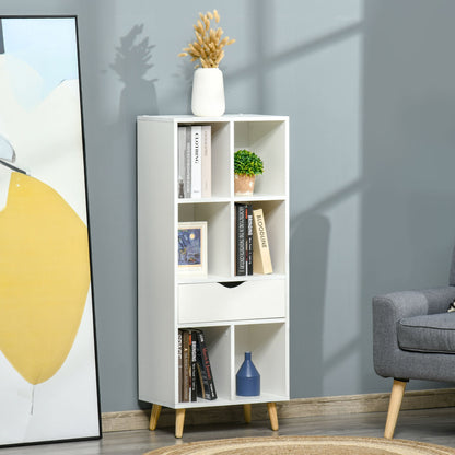 Bookcase Shelf for Books with 1 Drawer and Wooden Legs 6 Open Storage Compartments Plants Files for Living Room Bedroom Office 50x29.5x120 cm White