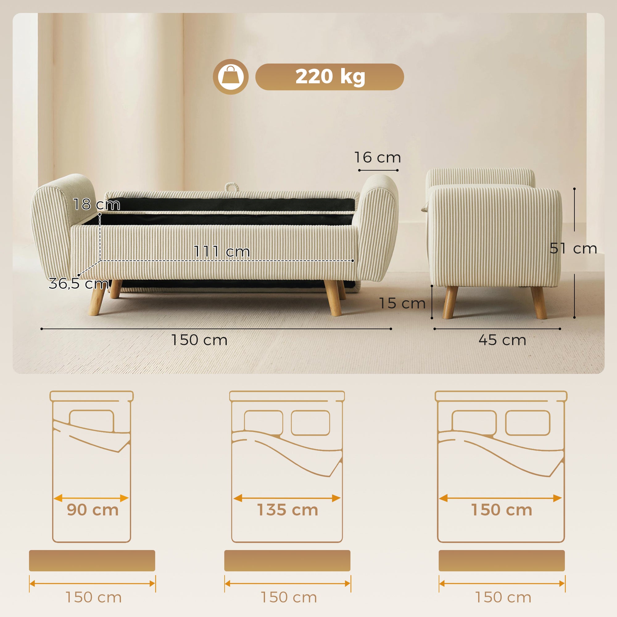 73 L Storage Bench, 59 x 17.7 x 20 in (150 x 45 x 51 cm), Upholstered Corduroy Velvet with Armrests and Hevea Wood Legs, Beige