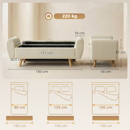 73 L Storage Bench, 59 x 17.7 x 20 in (150 x 45 x 51 cm), Upholstered Corduroy Velvet with Armrests and Hevea Wood Legs, Beige