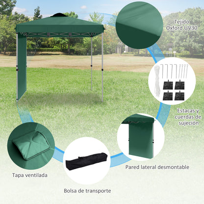 Foldable Gazebo 2.5x2.5 m Garden Canopy with 1 Side Wall Adjustable Height in 3 Levels Anti-UV Waterproof and Sandbag Green Gazebo for Outdoor Camping Parties