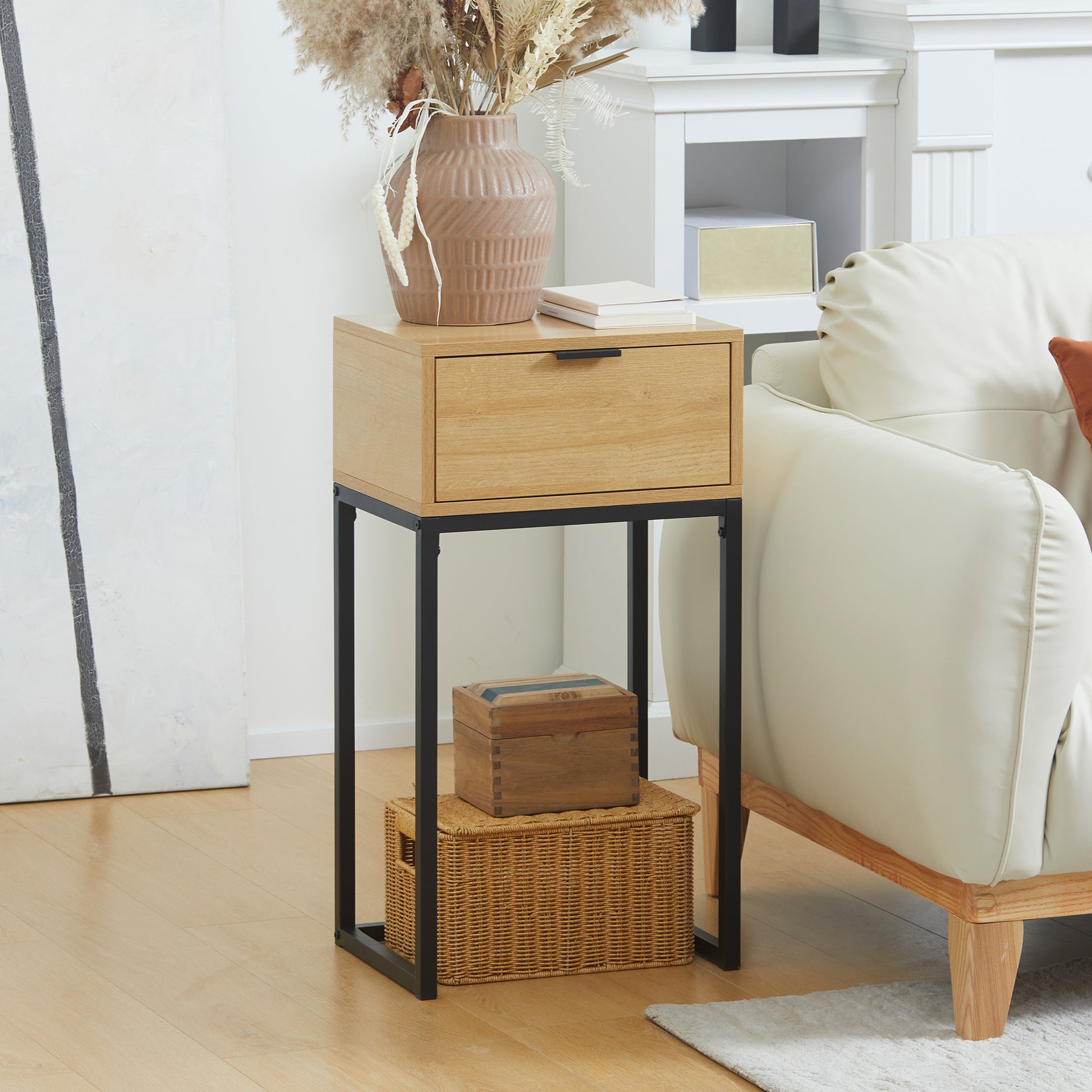 Sofa Side Table Modern End Table with Drawer and Steel Legs for Hallway Living Room Bedroom 40x30x76 cm Natural