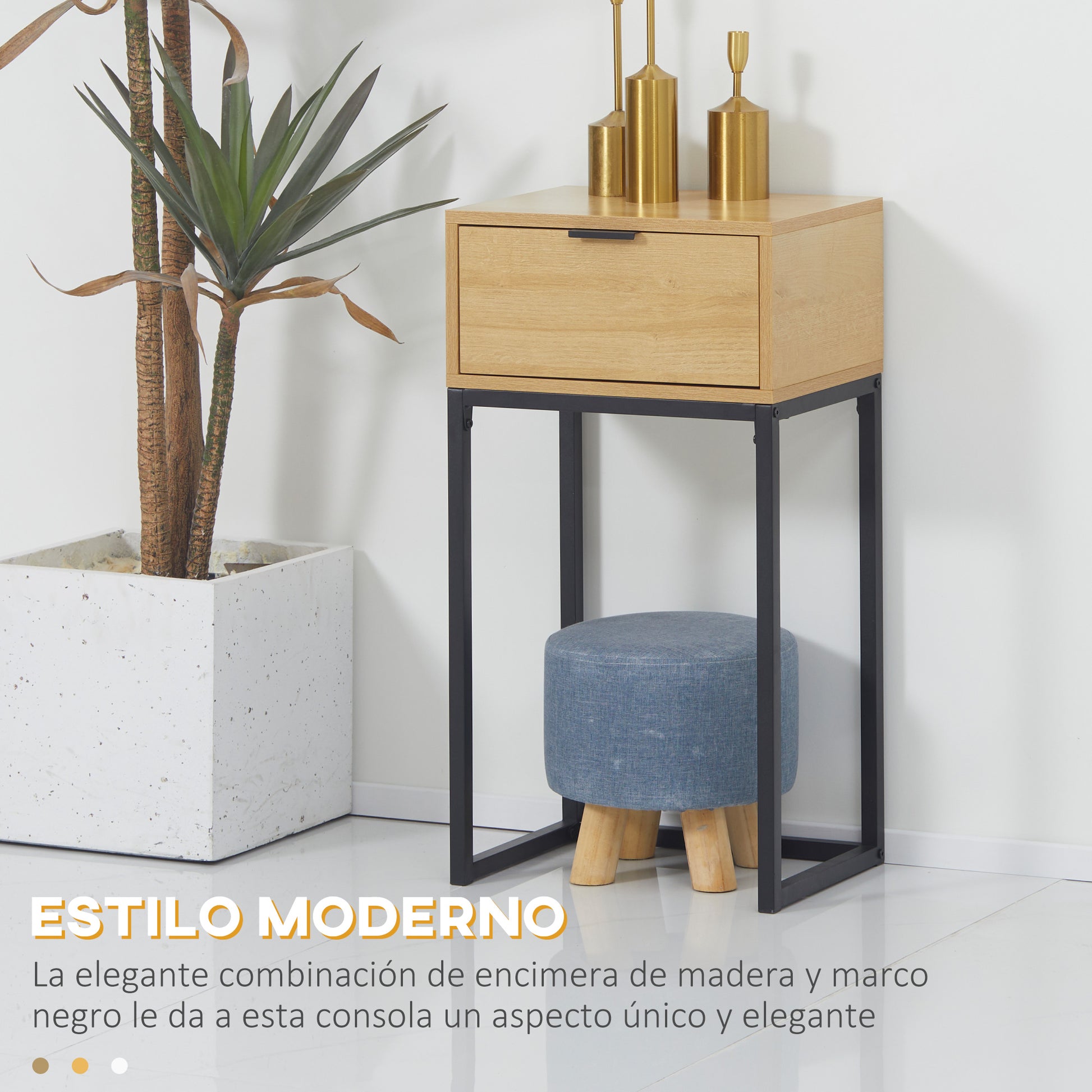 Sofa Side Table Modern End Table with Drawer and Steel Legs for Hallway Living Room Bedroom 40x30x76 cm Natural