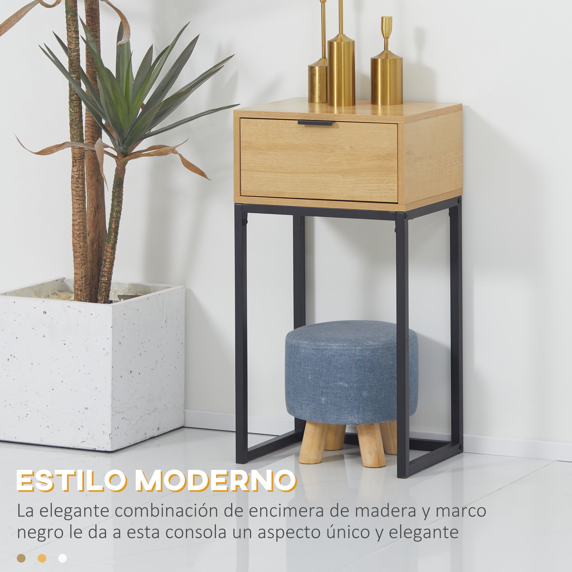 Sofa Side Table Modern End Table with Drawer and Steel Legs for Hallway Living Room Bedroom 40x30x76 cm Natural