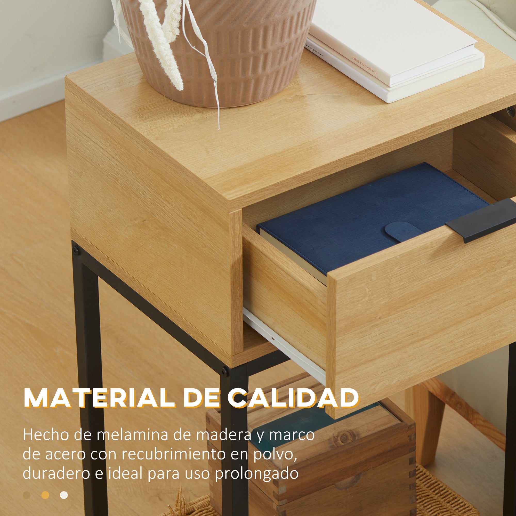 Sofa Side Table Modern End Table with Drawer and Steel Legs for Hallway Living Room Bedroom 40x30x76 cm Natural