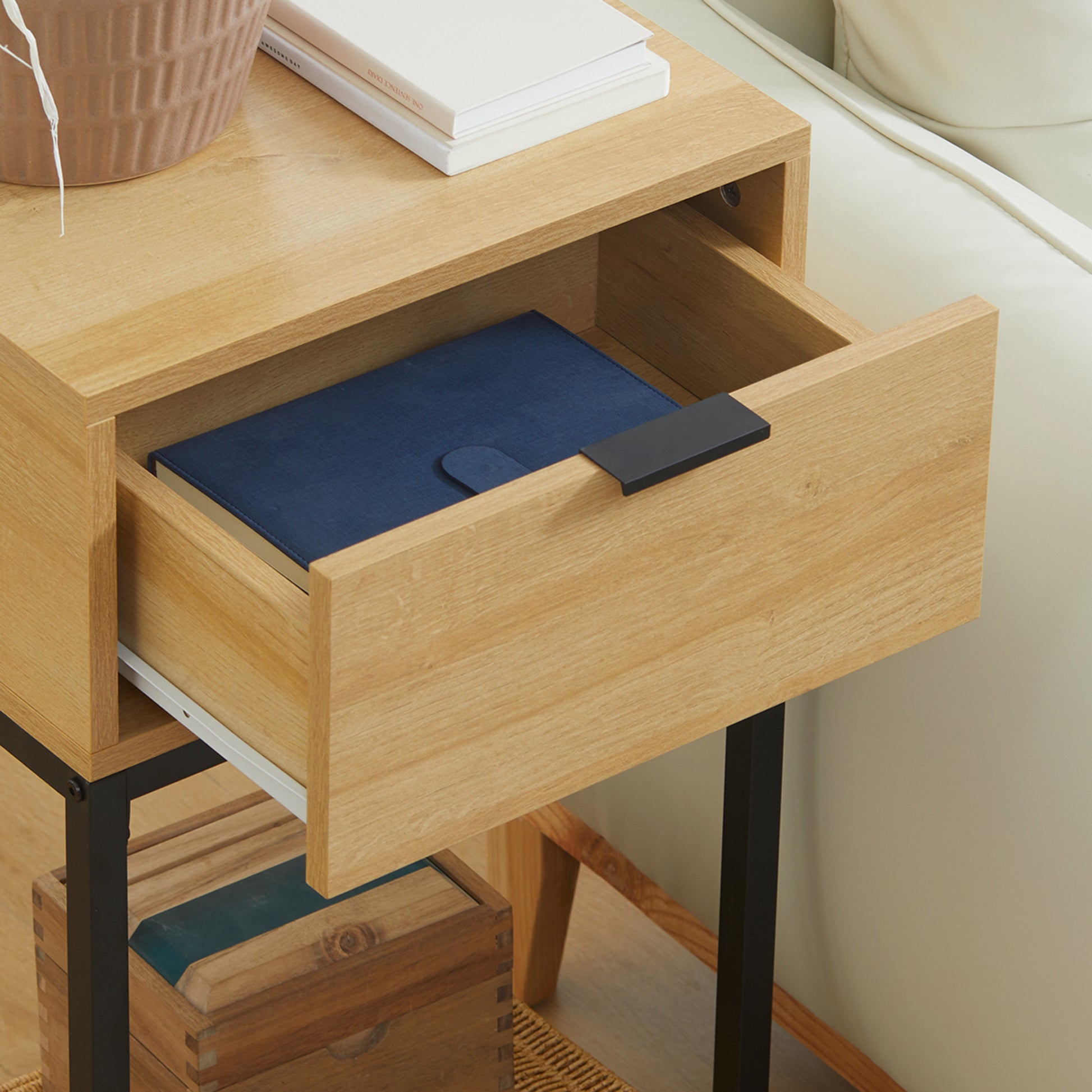 Sofa Side Table Modern End Table with Drawer and Steel Legs for Hallway Living Room Bedroom 40x30x76 cm Natural