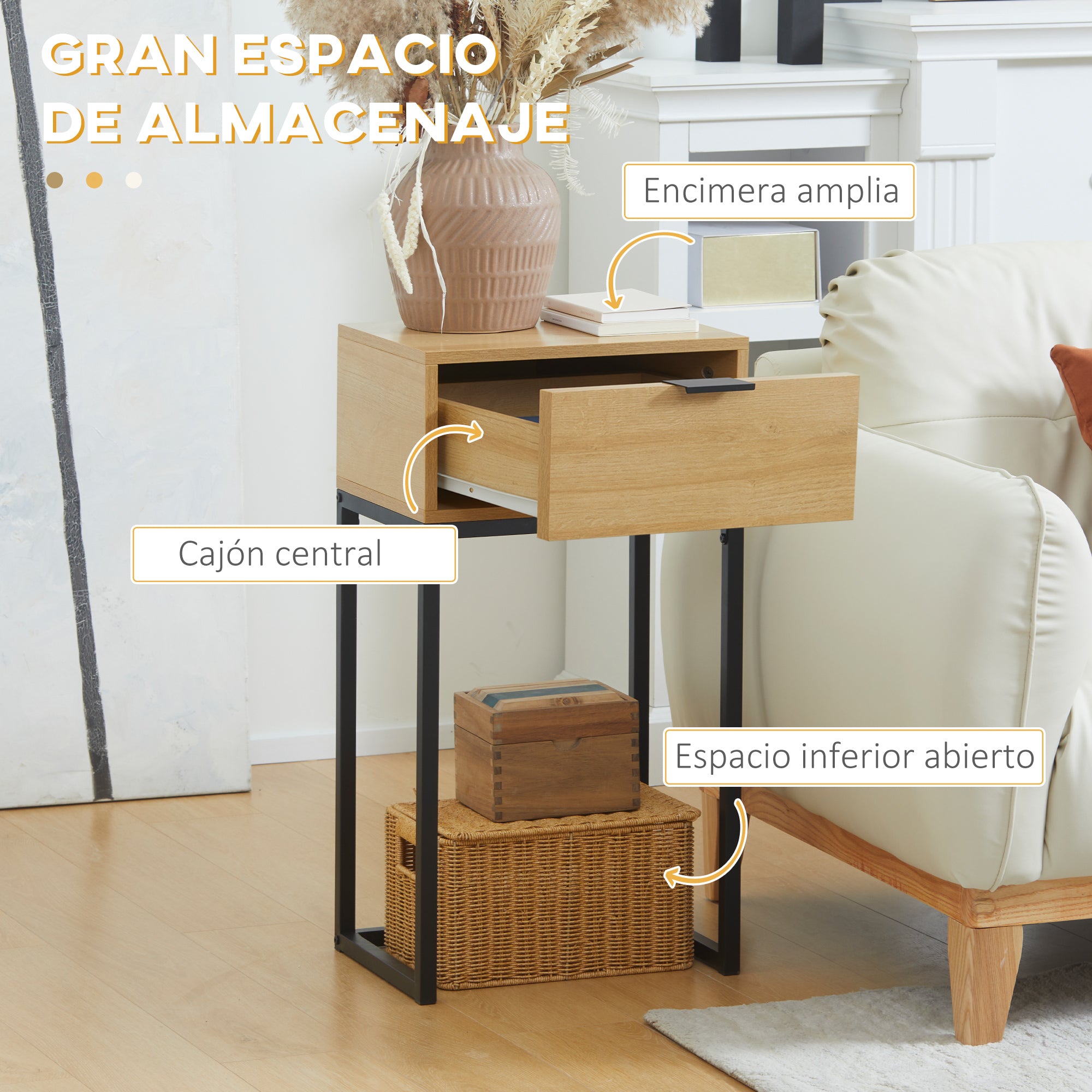 Sofa Side Table Modern End Table with Drawer and Steel Legs for Hallway Living Room Bedroom 40x30x76 cm Natural